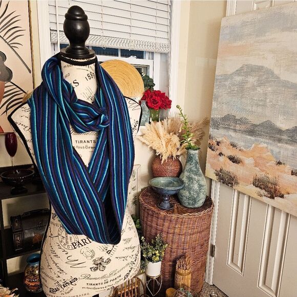 Coldwater Creek Blue Striped Multi Ribbed Knit Acrylic Infinity Scarf.